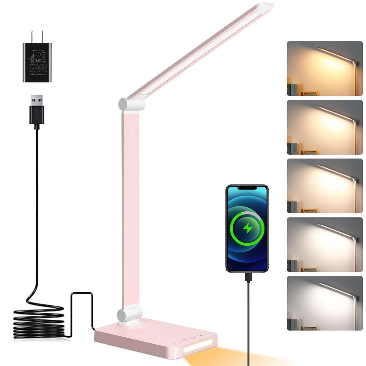 LED Desk Lamp with USB Ports,Touch Desk Lamps for Home Office with 5 Modes | 3 Brightness Desk Light with Small Night Light,Reading Lamp Table Lamp for Bedroom Bedside Study Black （with adapter）