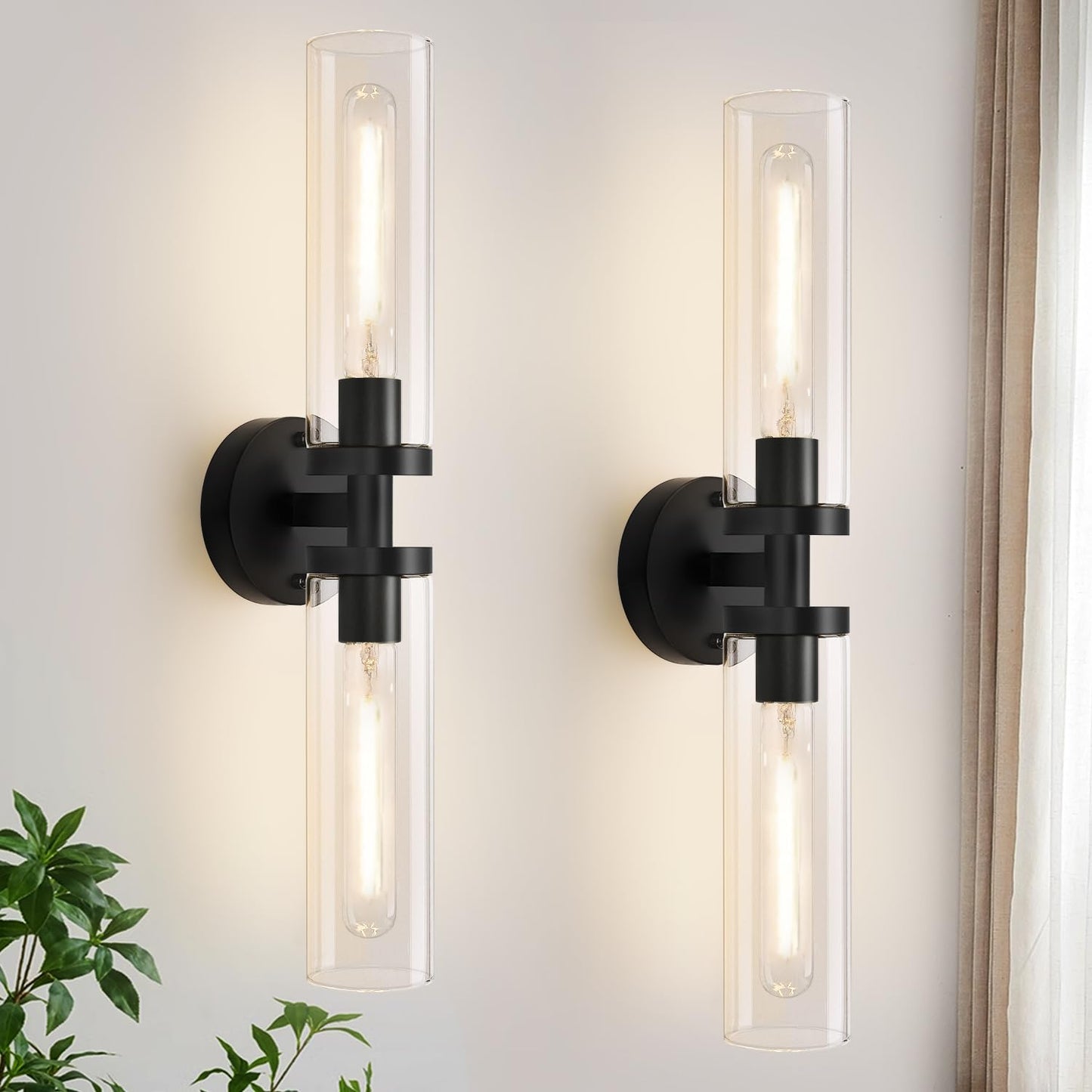 Indoi Hardwired Wall Sconces Set of Two, 22" Black and Gold Bathroom Sconces with Clear Glass, Modern Sconces Wall Decor Set of 2 Wall Light fixtures for Bathroom Mirror Living Room Hallway Bedroom