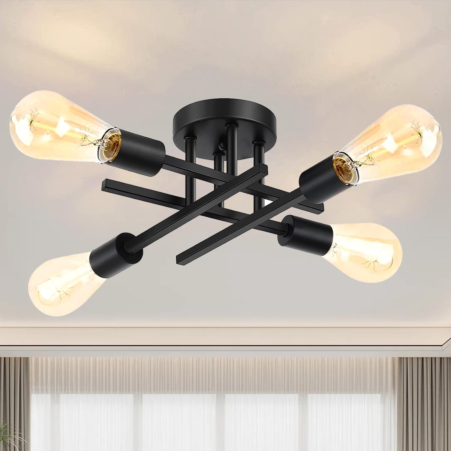 Ceiling Light, 4-Light Matte Black Semi Flush Mount Ceiling Light Fixture | Modern Dining Room Light Fixture with E26 Base,Kitchen Lighting Fixtures Ceiling, Sputnik Chandelier for Bedroom Living Room