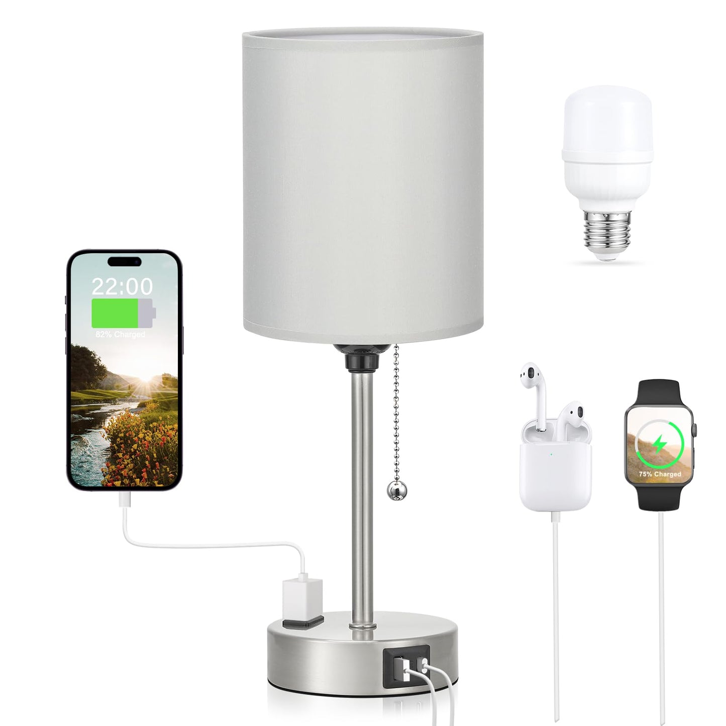Dicoool Bedside Table Lamp for Bedroom - Small Desk Lamp with USB Ports | USB A+C Ports, AC Outlet, 3 Color Temperatures, LED Bulb Included, White Fabric Shade, Black Metal Base, 14" Nightstand lamp
