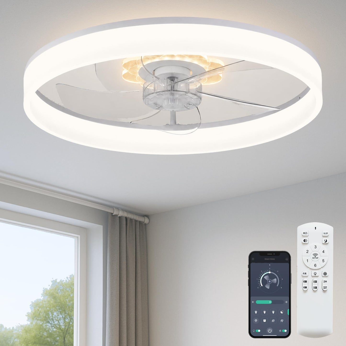 FSZDORJ 20'' Ceiling Fan with Light and Remote, Low Profile Ceiling Fan with Light, Dimmable Flush Mount Ceiling Fan Light, 6 Speeds Fan, App&Remote Control, Fandelier Quiet Fan for Bedroom F115 Black