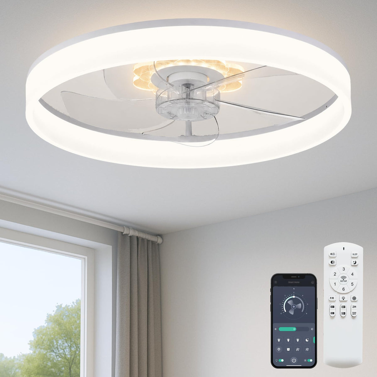 Fszdorj 20'' Ceiling Fan with Light and Remote,White Low Profile Fandelier | 3-Color Night Light, 3000-6500K Dimmable LED, Flush Mount, Remote & App, 6 Speeds & Reverse, Memory, Timer, Quiet Bedroom Fan