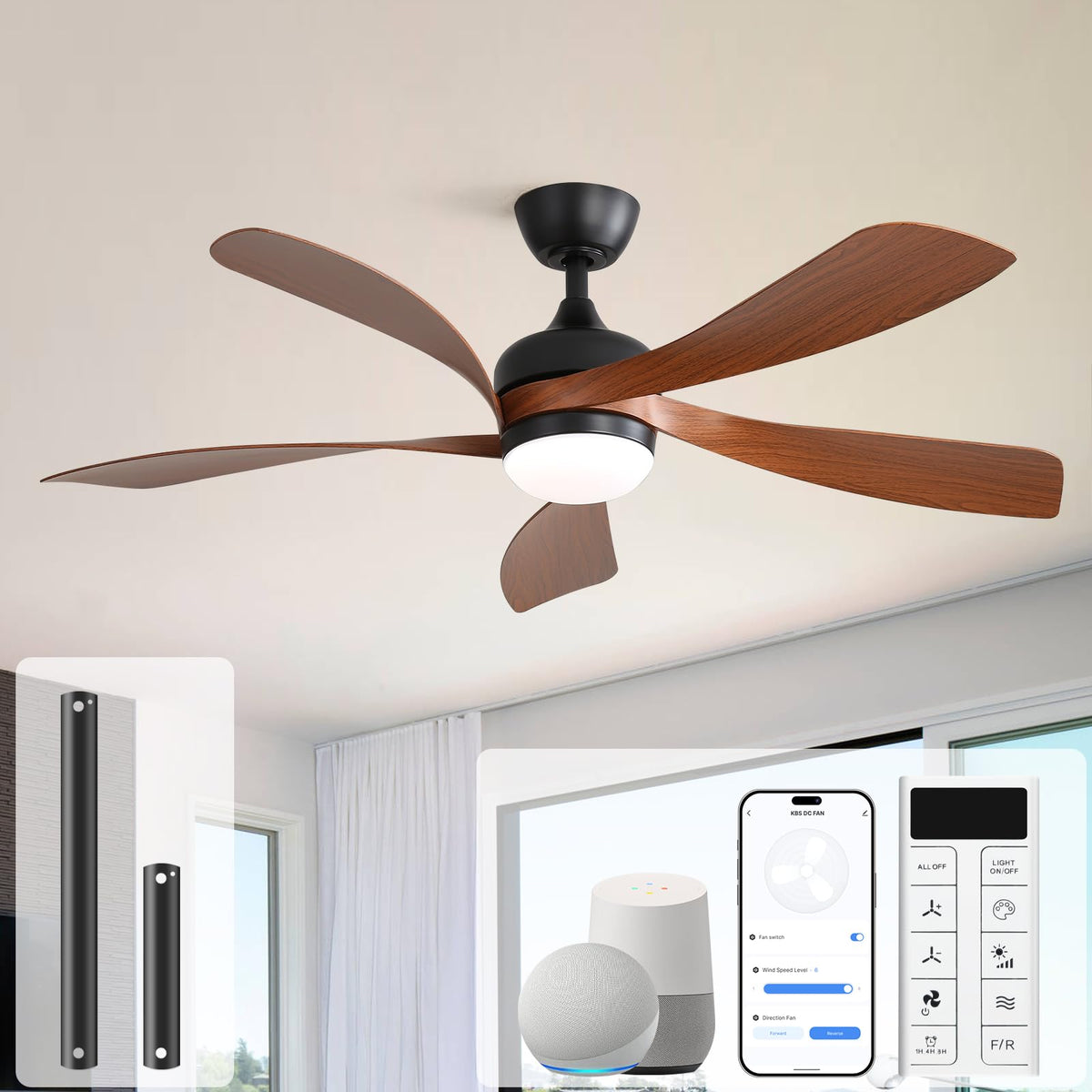 Sofucor 52 Inch Ceiling Fan with Light, 5 ABS Blades Brown | Remote Control Compatible, Reversible Quiet DC Motor, Timer, 6 Speeds, 3-CCT for Living Room Bedroom Patio Farmhouse