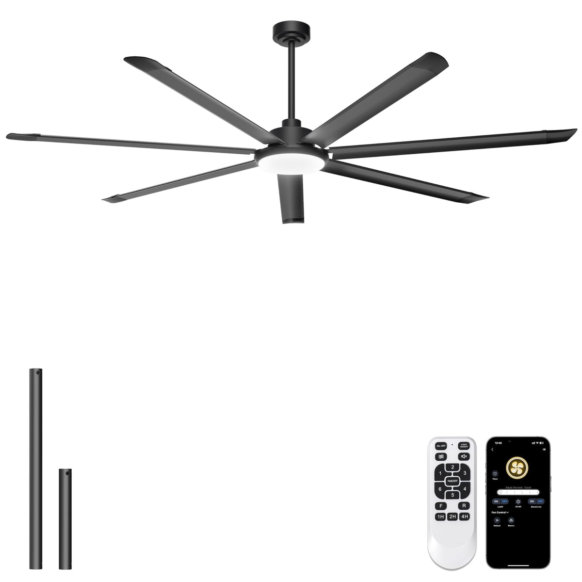 Ohniyou 60'' Industrial Ceiling Fan with Light for Patio, Porch, Black | 6800 CFM Airflow, 35dB DC Motor, 5 Aluminum Blades, 3CCT Dimming, Remote/APP Control, Covered Outdoor Metal Fan