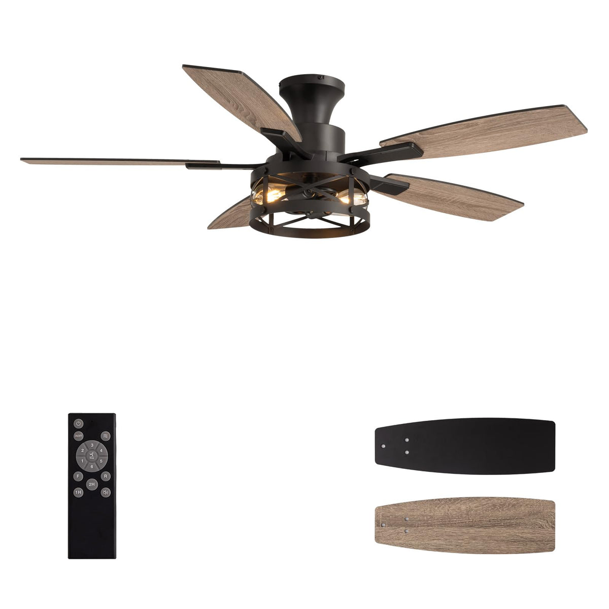 52 Inch Ceiling Fan with Light and Remote Control, Farmhouse Ceiling Fan with LED Lighting for Bedroom Living Room and Patio, Black Caged Ceiling Fan for Indoor and Outdoor(NO Bulbs)