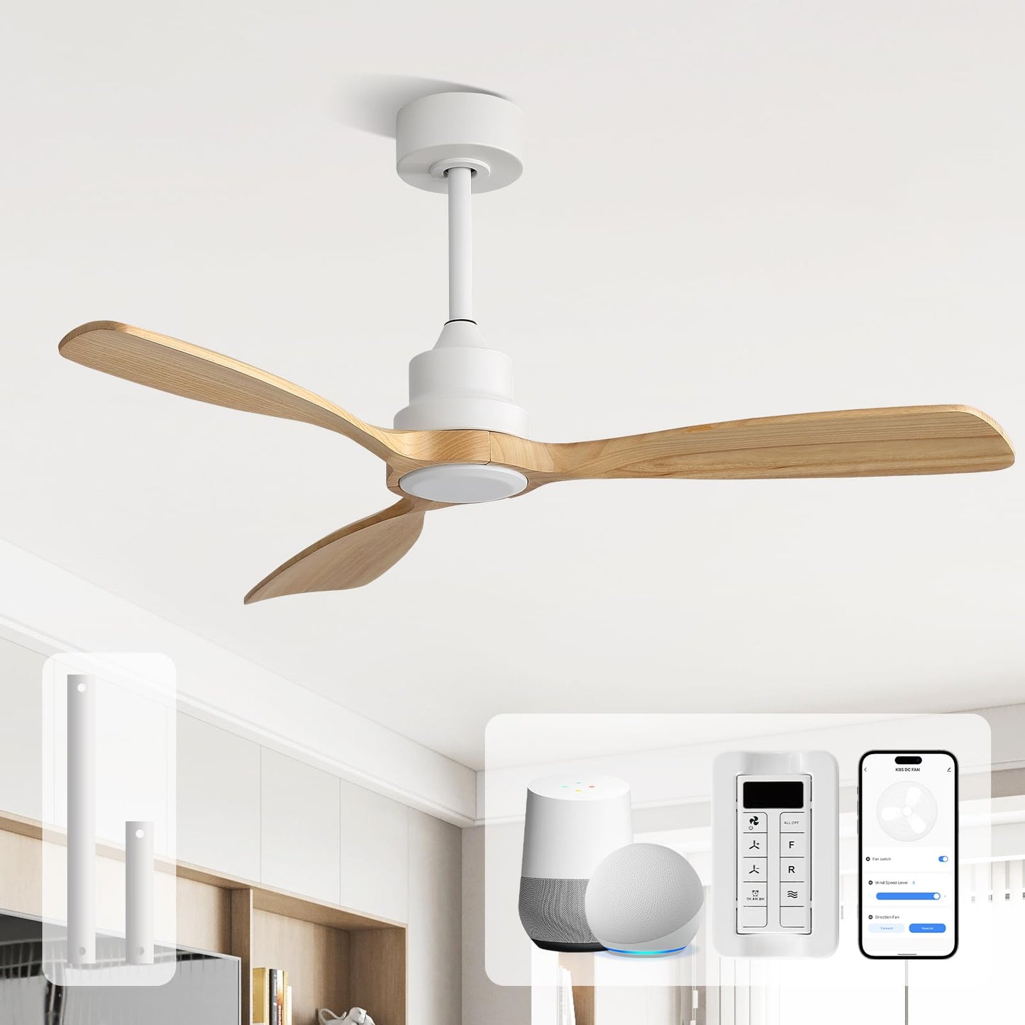 Sofucor 52 Inch Wood Ceiling Fans with Lights and Remote, Indoor/Outdoor | Modern, 3 Blade, Quiet Reversible DC Motor, 3CCT Dimmable, 6 Speeds, Timer, Bedroom/Living Room/Patio/Kitchen, Natural Wood