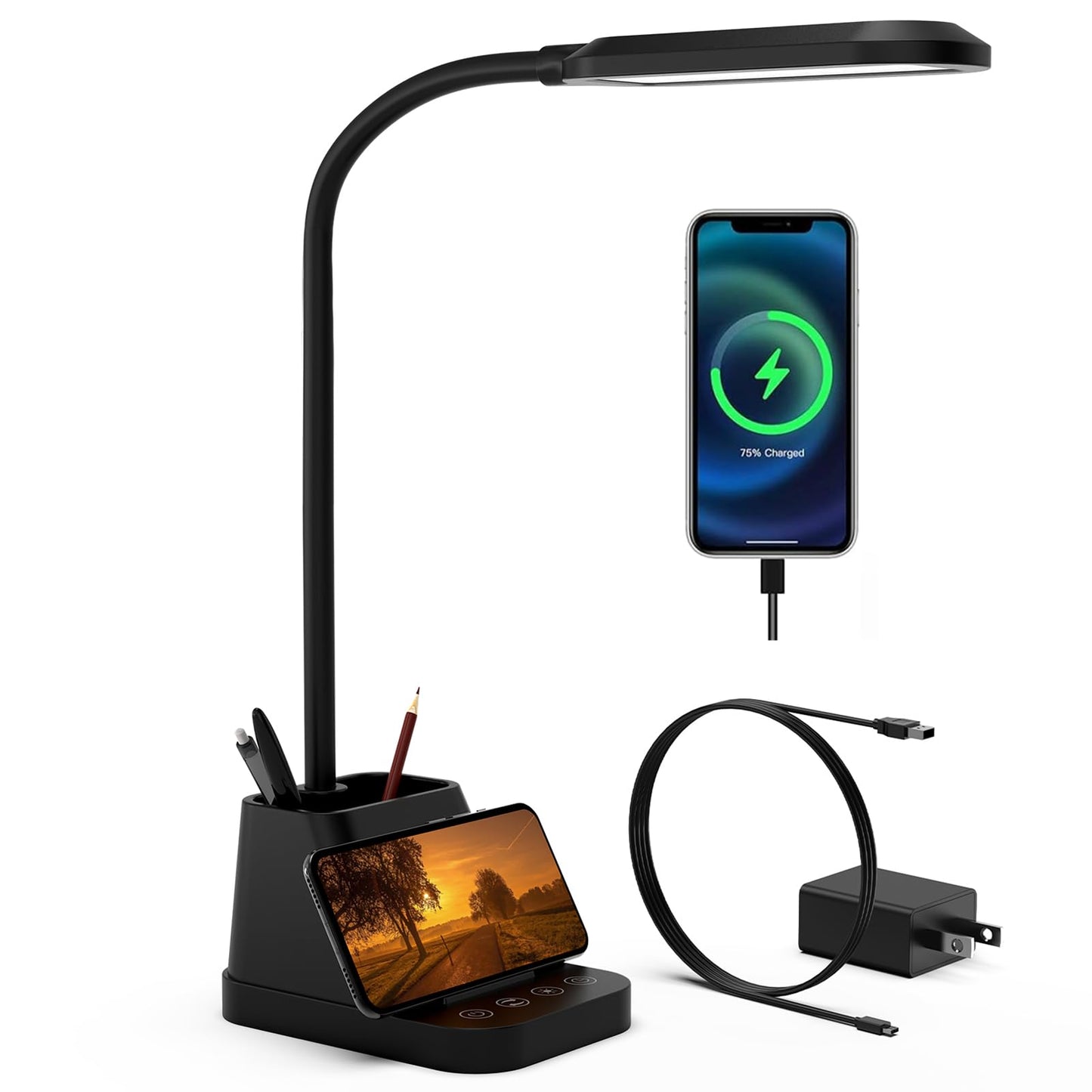 LED Desk Lamp with USB Charging Port for College Dorm Room | for Home Office Bedrooms, Back to School, Black, Small, 650LM, Pen Holder, Timer Settings, Gooseneck, Study Light