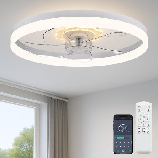 Fszdorj 20'' Ceiling Fan with Light and Remote,White Low Profile Fandelier | 3-Color Night Light, 3000-6500K Dimmable LED, Flush Mount, Remote & App, 6 Speeds & Reverse, Memory, Timer, Quiet Bedroom Fan
