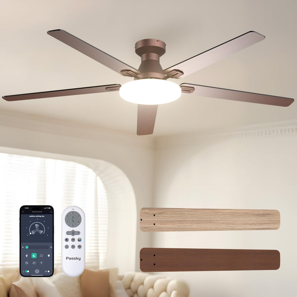 Passky 52 Inch Black Low Profile Ceiling Fans with Lights and Remote | Flush mount, 3-color dimmable light, quiet reversible DC motor, easy install, memory, APP, bedroom, covered outdoor areas