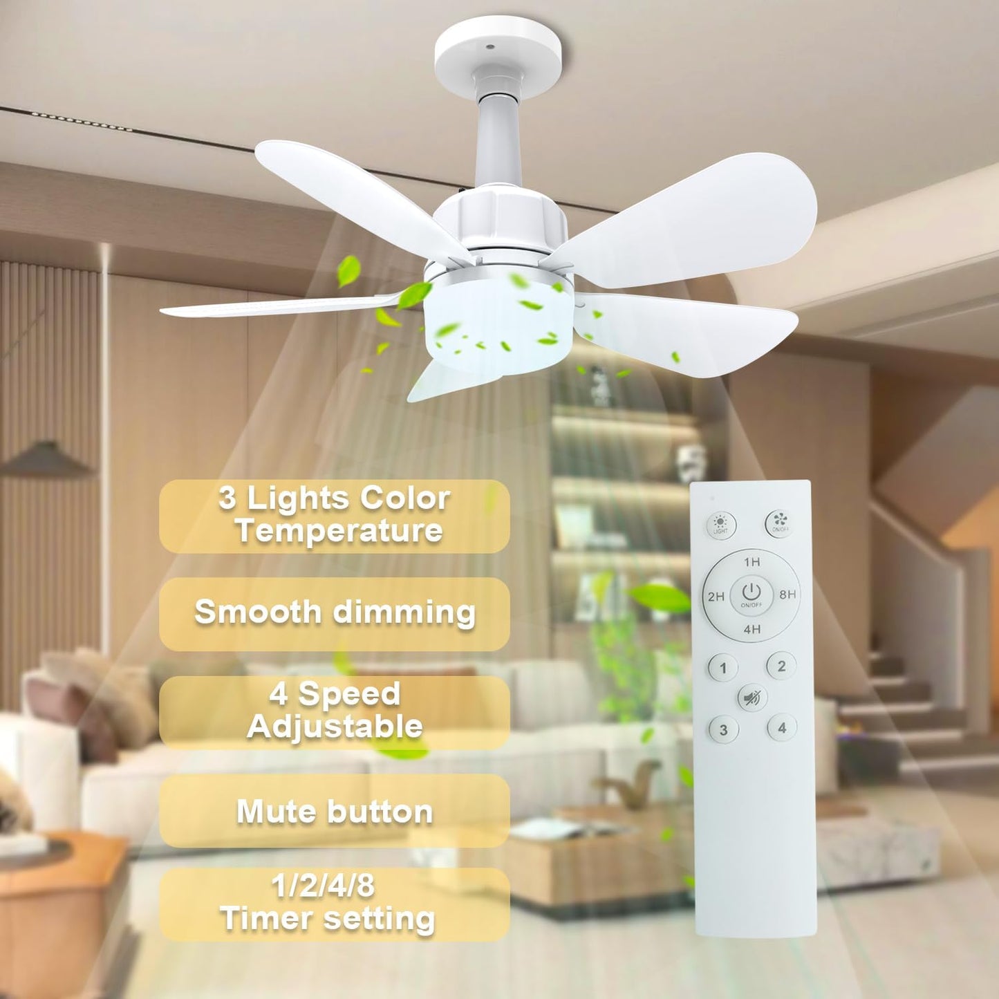2Pack Socket Fan Light With Remote, Screw in Ceiling Fans with Dimmable Light, 3 Colors 3000K-6500K,Smart Ceiling Fan Light Kit Bulb for Bedroom Living Room Kitchen Garage Dinning Room