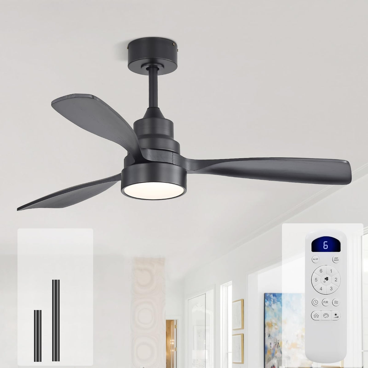 Sofucor 52 Inch Wood Ceiling Fans with Lights and Remote, Indoor/Outdoor | Modern, 3 Blade, Quiet Reversible DC Motor, 3CCT Dimmable, 6 Speeds, Timer, Bedroom/Living Room/Patio/Kitchen, Natural Wood