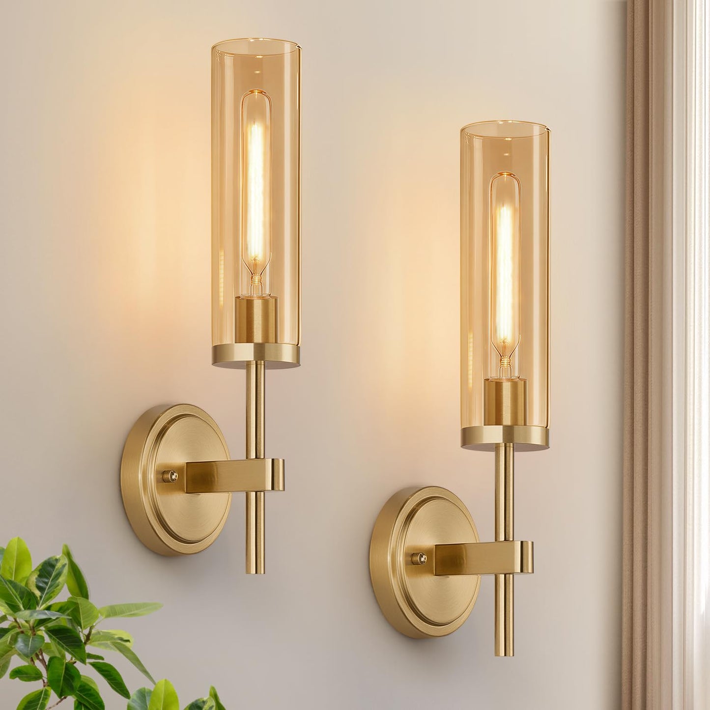 [Hardwired] Wall Sconces Set of Two, Brushed Gold Bathroom Sconces with Clear Glass, Modern Wall Light Fixtures for Bathroom Mirror Vanity, Living Room, Bedroom, Hallway, Stairway, Cabinet, Foyer