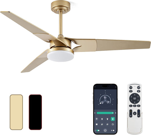 Gold Ceiling Fan with Lights and Remote, 52 In | 3 Blade Style, App Remote Control, Timer, Reversible, 3CCT, 6 Speed, 2 Color Blade for Indoor, Bedroom, Living Room