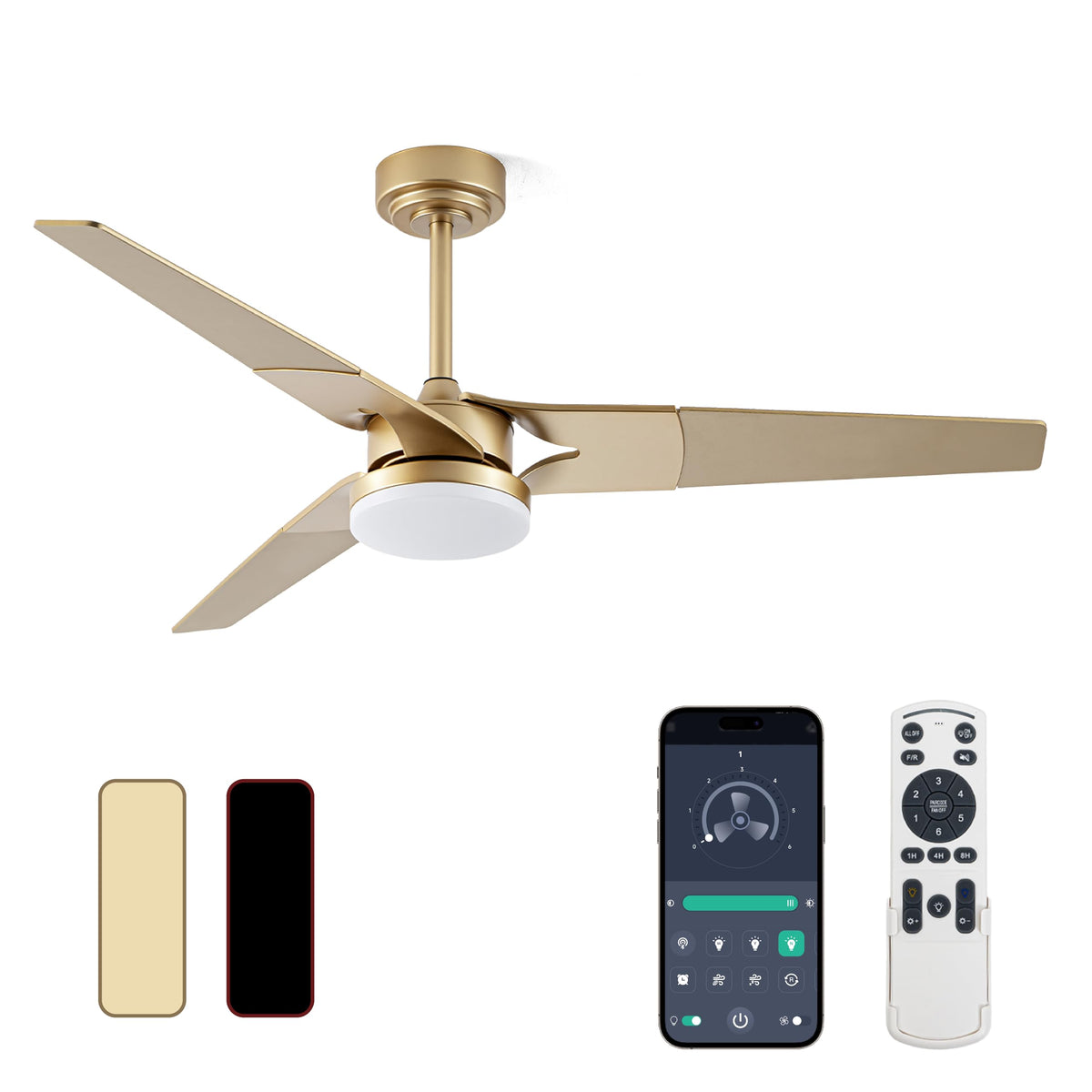 Gold Ceiling Fan with Lights and Remote, 52 In | 3 Blade Style, App Remote Control, Timer, Reversible, 3CCT, 6 Speed, 2 Color Blade for Indoor, Bedroom, Living Room