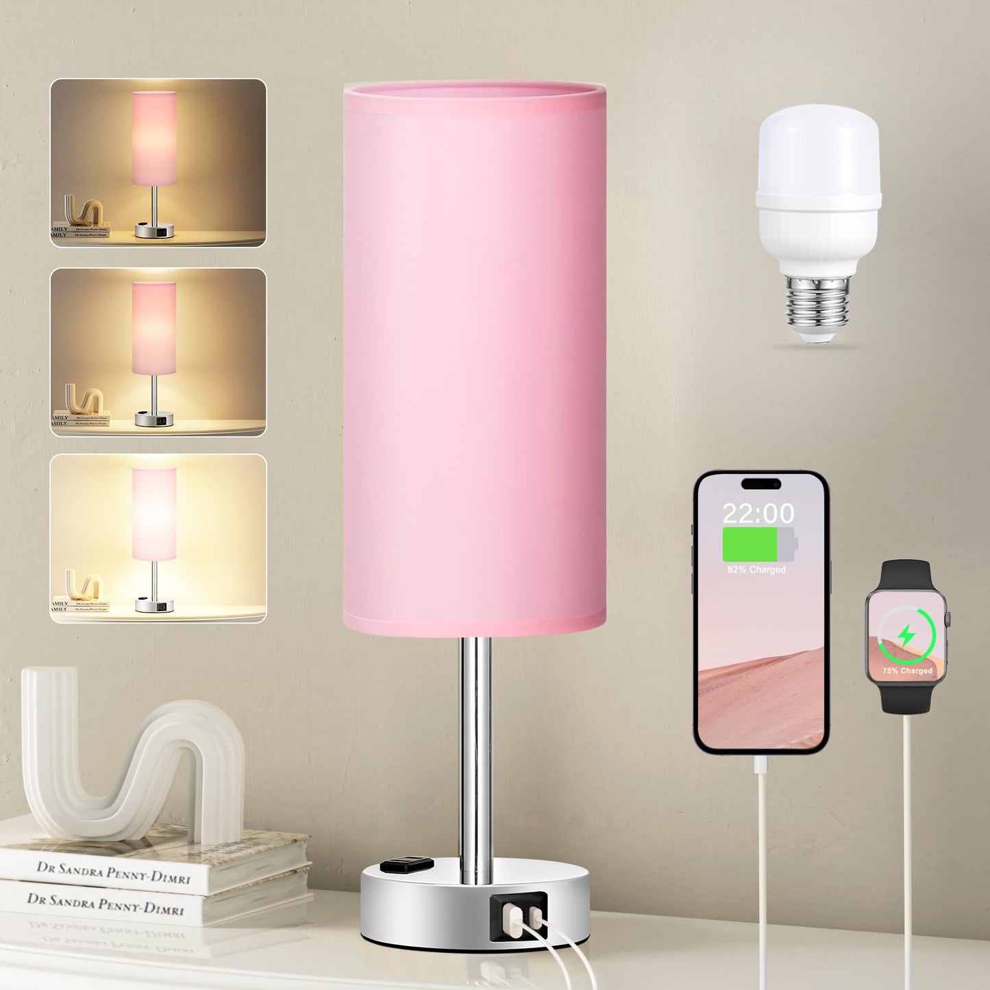 Bedside Table Lamp for Bedroom - Dimmable Touch, USB A+C, AC Outlet | 3-Way Dimmable, LED Bulb Included, Fabric Lampshade, Wood-Grain Metal Base, 14" Small Nightstand Lamp for Desk, Living Room