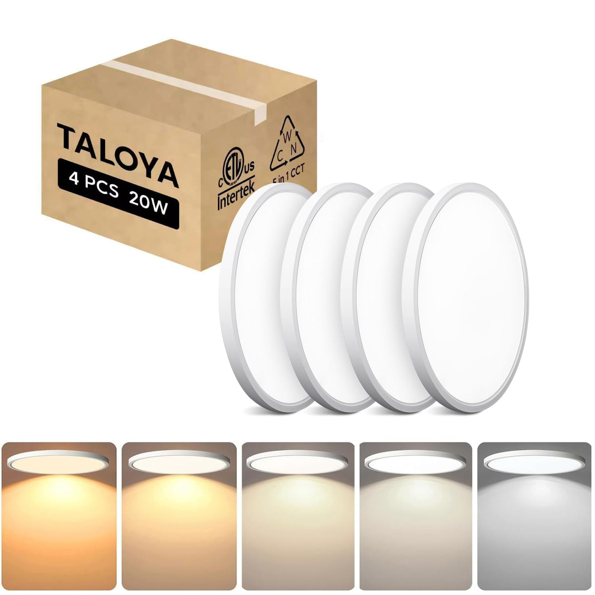 TALOYA 2 Pack 12 Inch LED Flush Mount Ceiling Light Fixture,20W 5CCT | Edge-Lit LED Ceiling Light Fixture for Bedroom,Kitchen,Laundry,Basement,Closet Room,3000K-6500K,100-240V Compatible,White
