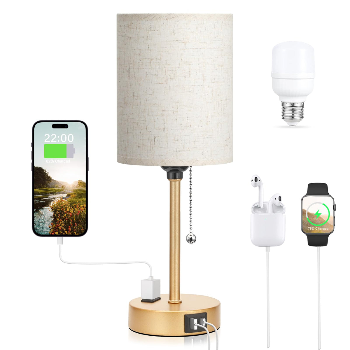 Dicoool Bedside Table Lamp for Bedroom - Small Desk Lamp with USB Ports | USB A+C Ports, AC Outlet, 3 Color Temperatures, LED Bulb Included, White Fabric Shade, Black Metal Base, 14" Nightstand lamp