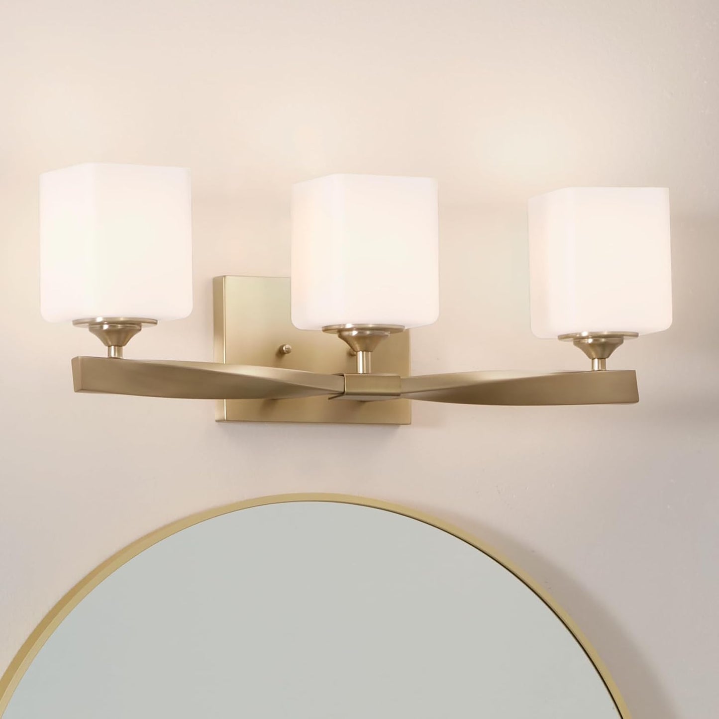 Kichler Marette 3-Light Bathroom Vanity Light, Champagne Bronze | Satin etched cased opal glass vanity light for bathrooms and powder rooms (23" x 8.25" x 6"), 55002CPZ
