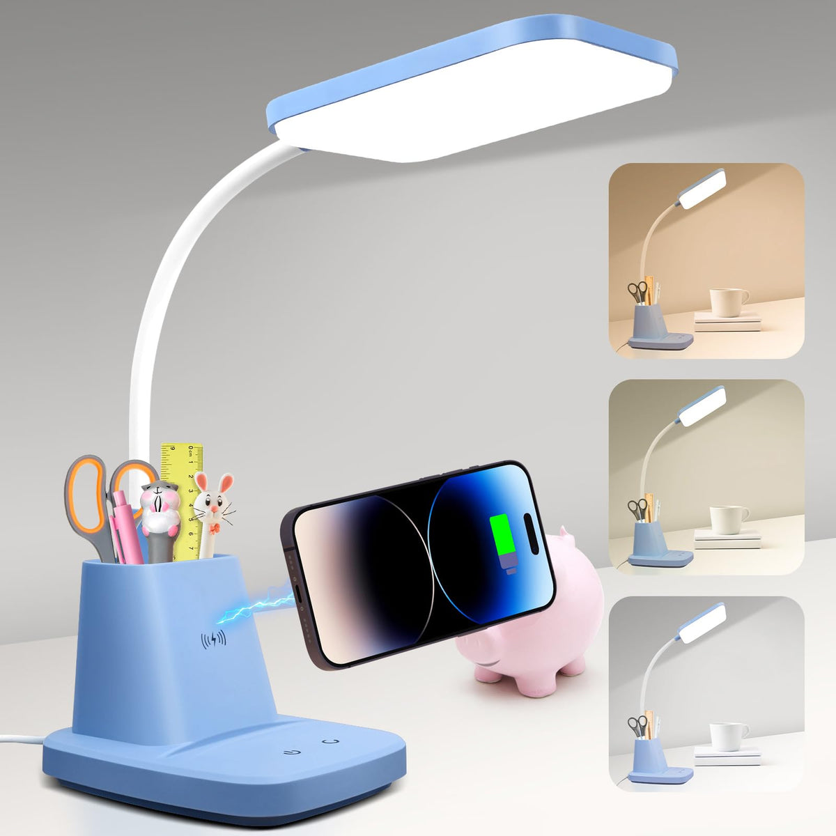 LED Desk Lamp with 10W Wireless Charging & Pen Holder, Black | CRI 95, 800LM, Stepless Dimming, 3 Modes, 360°Flexible Arm, Touch, Study Table Lamp for Home Office, Dorm Room, with Adapter