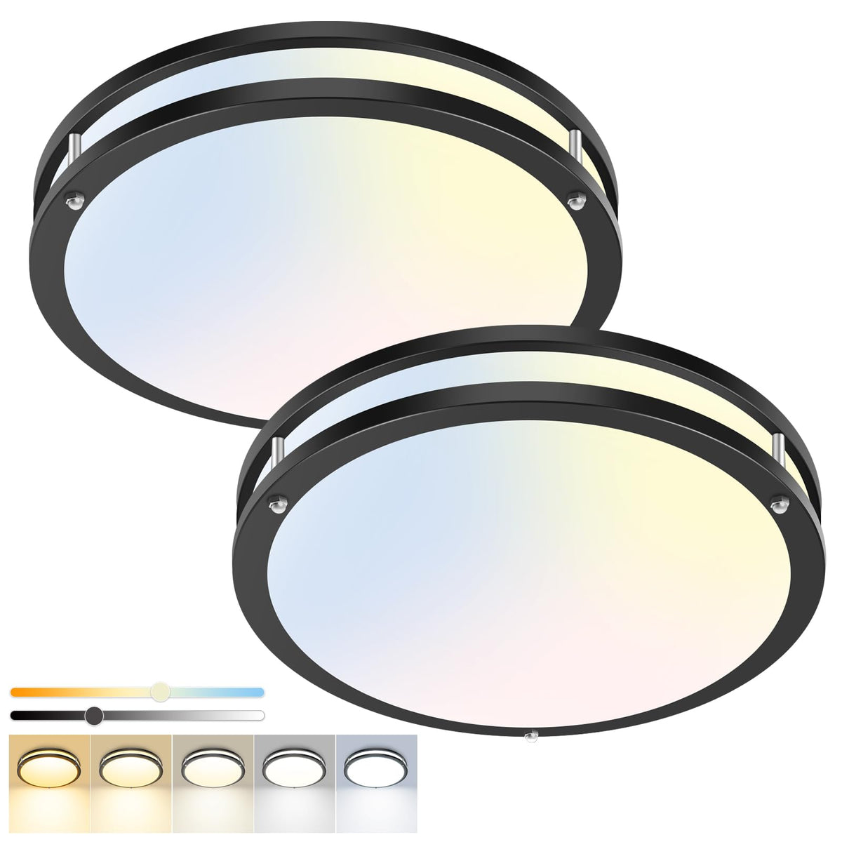 hepside 13inch Flush Mount Ceiling Light Fixture 2 Pack, Dimmable & 5 Color Temperatures Ceiling Light Black, 24W 3000K 3500K 4000K 5000K 6500K Adjustable Ceiling Lamps for Bathroom Bedroom Hallway
