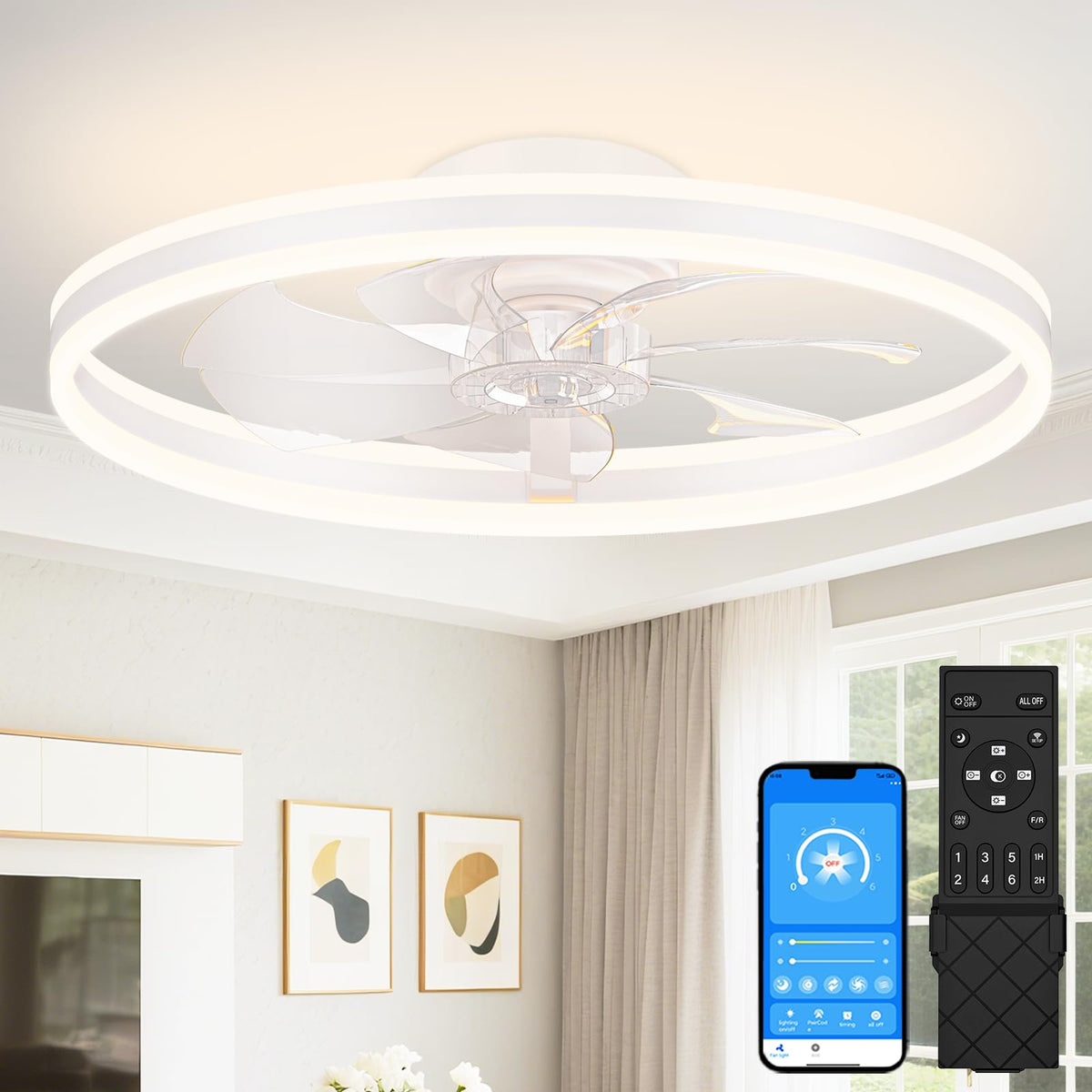 VOLISUN Low Profile Ceiling Fans with Lights and Remote, 27.6in Flush Mount Ceiling Fans with Light, 3000K-6500K Dimmable Fandelier LED Fan Light, Black Bladeless Ceiling Fans with Lights for Bedroom
