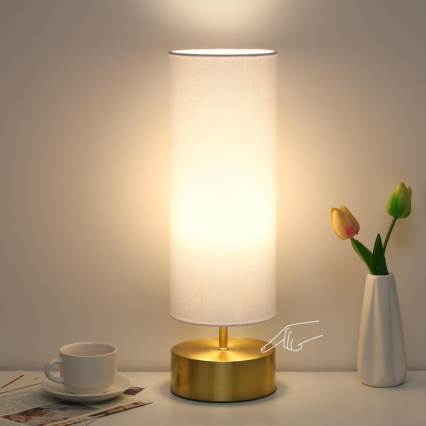 Touch Table Lamp, 3-Way Dimmable Bedside Lamp with Cylinder Fabric Shade | Modern Minimalist Accent Nightstand Desk Lamp, Night Light for Bedroom Living Room Kitchen, LED Bulb Included