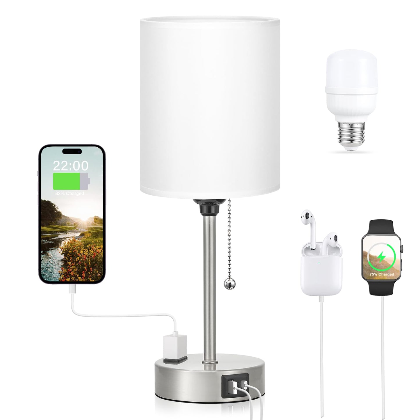 Dicoool Bedside Table Lamp for Bedroom - Small Desk Lamp with USB Ports | USB A+C Ports, AC Outlet, 3 Color Temperatures, LED Bulb Included, White Fabric Shade, Black Metal Base, 14" Nightstand lamp