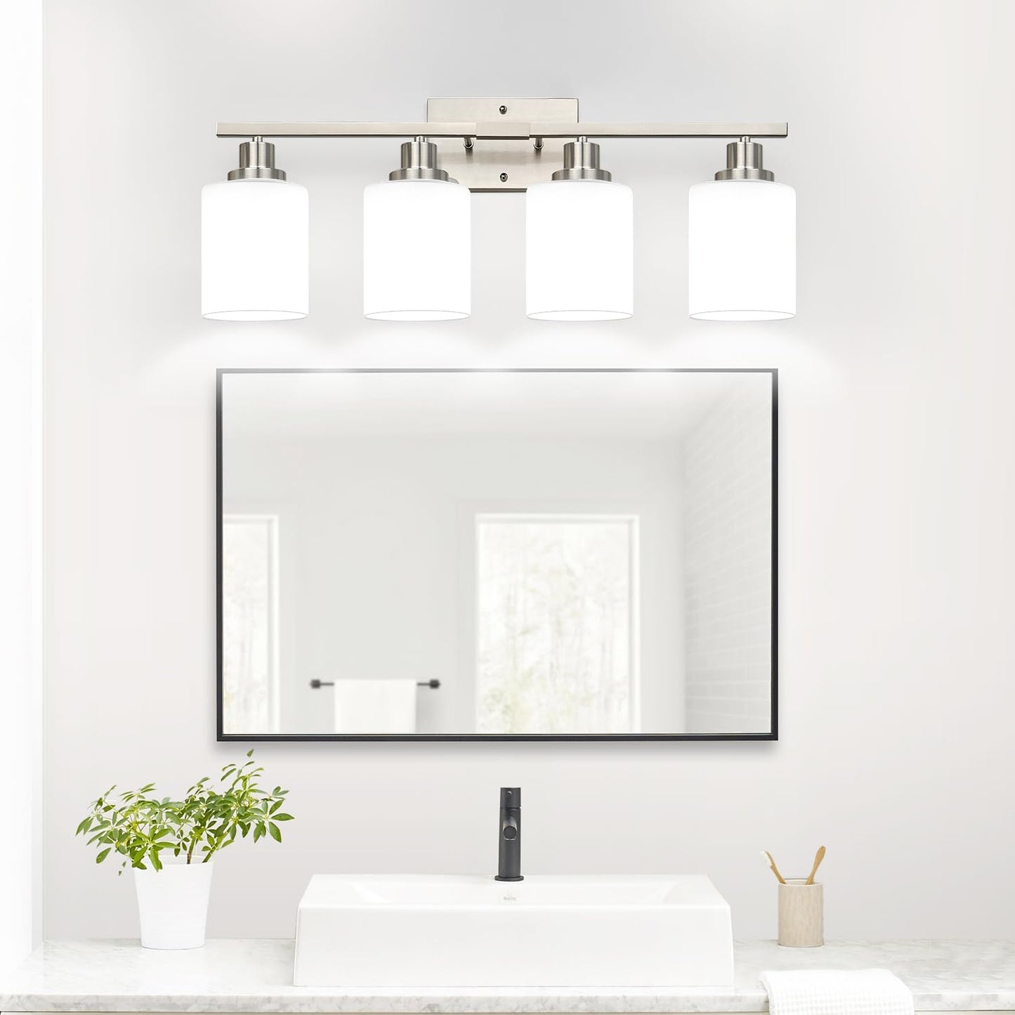 MOKATNG 4-Light Vanity Light with Milky White Shades, Brushed Nickel Bathroom Lighting Fixtures Over Mirror, Modern Bathroom Wall Lamp for Mirror Living Room Cabinet Bedroom