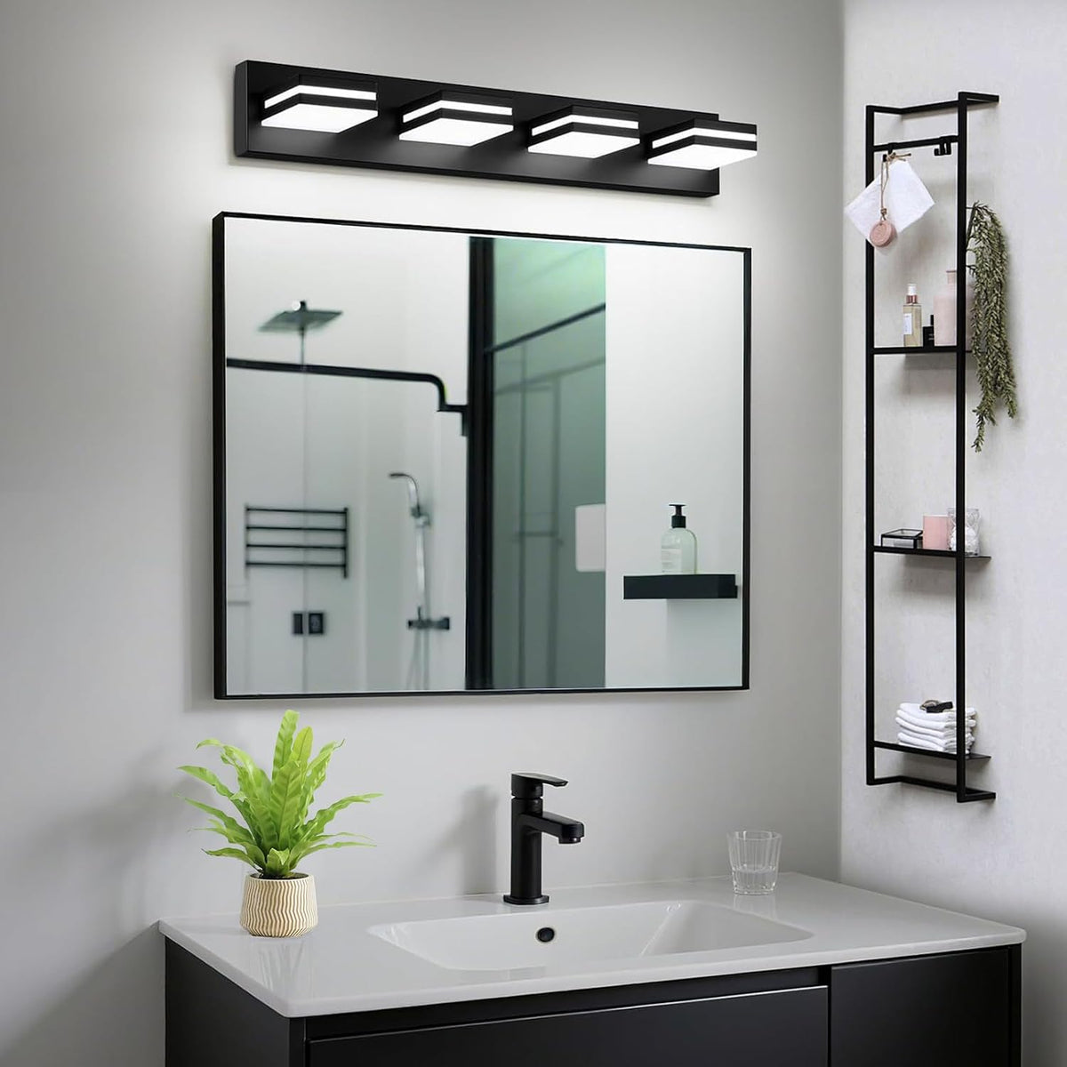 IZORRO LED Modern Bathroom Lights Fixtures(4-Light,Dimmable,360°Rotate),Matte Black Acrylic Wall Lighting,Vanity Lights for Bathroom Over Mirror - 6000k 24In （No Assembly Required）