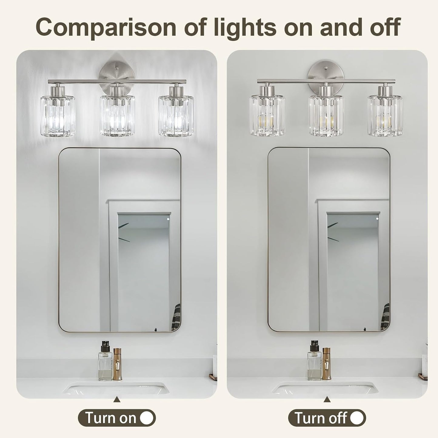 Modern Brushed Nickel Crystal Bathroom Light Fixtures,3-Light | Bathroom Lighting Fixtures over Mirror,Vanity Lights for Mirror, Restroom(Ceramic E26 Socket,Bulbs Not Include)