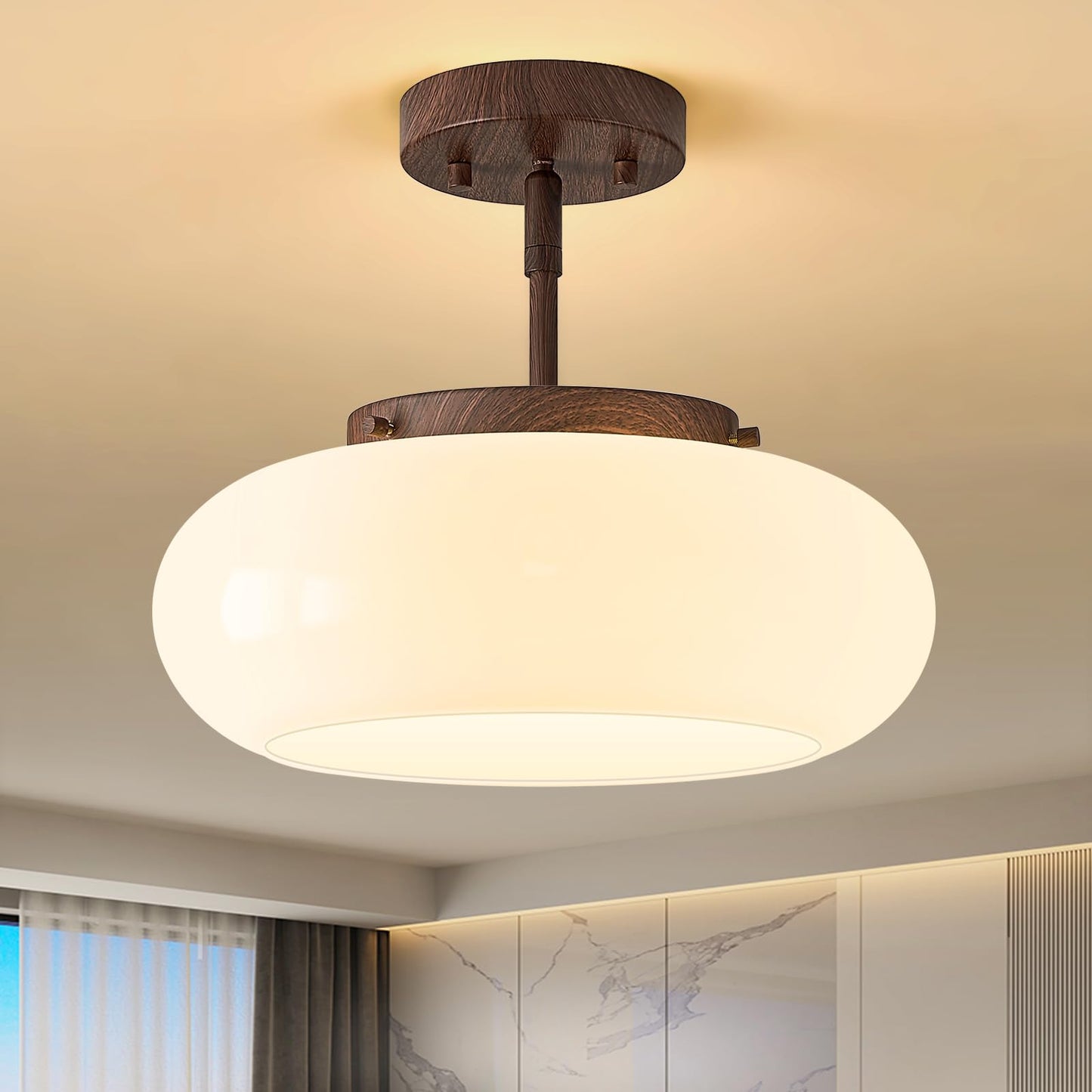 WOKNOS Mid-Century Modern Gold Semi Flush Ceiling Light 11.0 Inch | Small White Glass Shade Close to Ceiling Lighting Fixture For Kitchen Entryway Hallway Bathroom Closet Bedroom Laundry Room