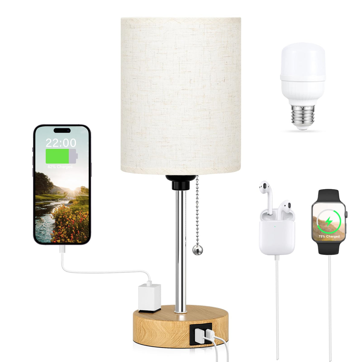 Dicoool Bedside Table Lamp for Bedroom - Small Desk Lamp with USB Ports | USB A+C Ports, AC Outlet, 3 Color Temperatures, LED Bulb Included, White Fabric Shade, Black Metal Base, 14" Nightstand lamp