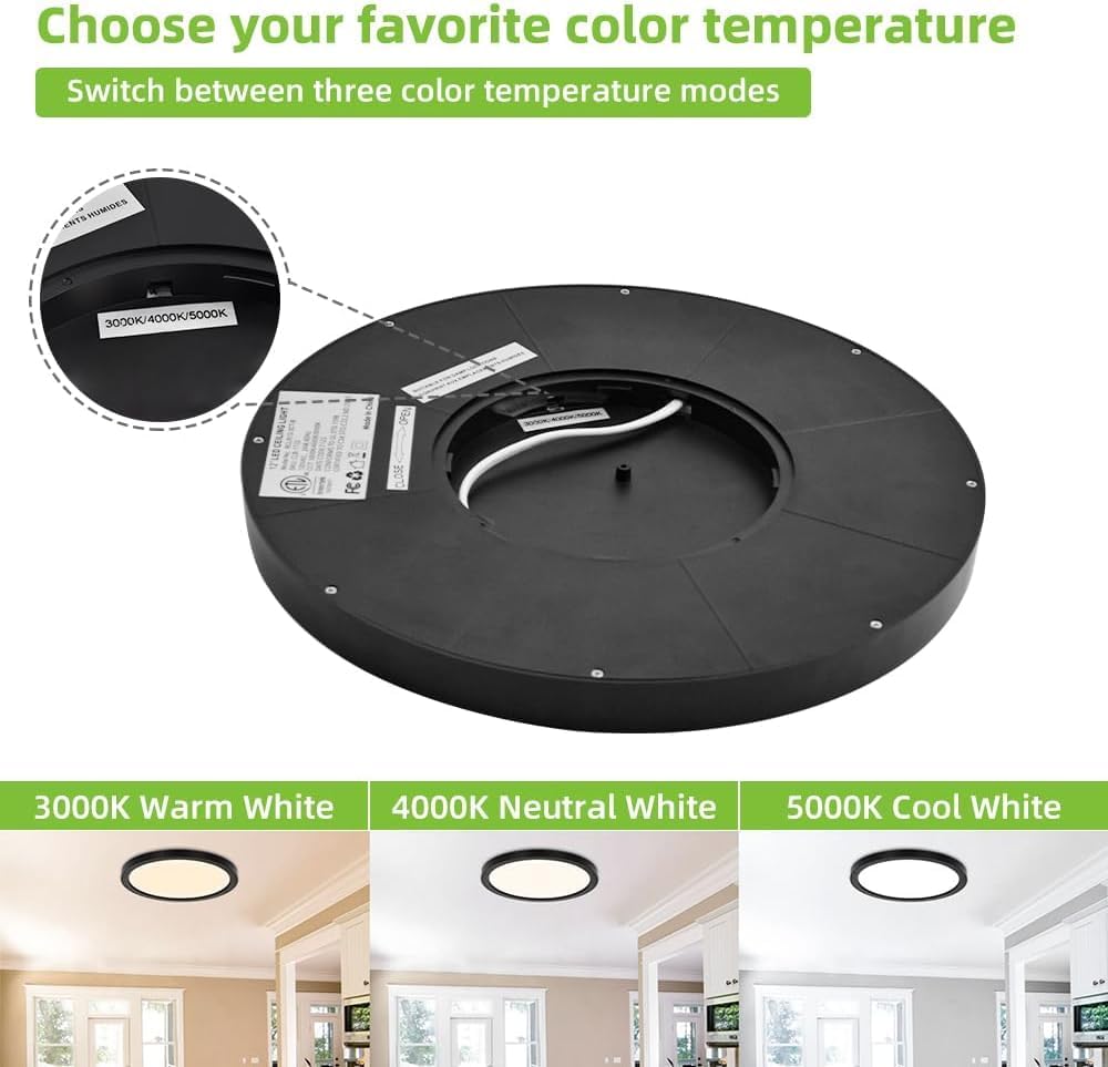 hykolity 12 Inch LED Round Flat Panel Light,3CCT,3000K/4000K/5000K | 24W Selectable CCT Edge-Lit Flush Mount Ceiling Light Fixture for Kitchen,Bedroom,Laundry and Closet Room,Black