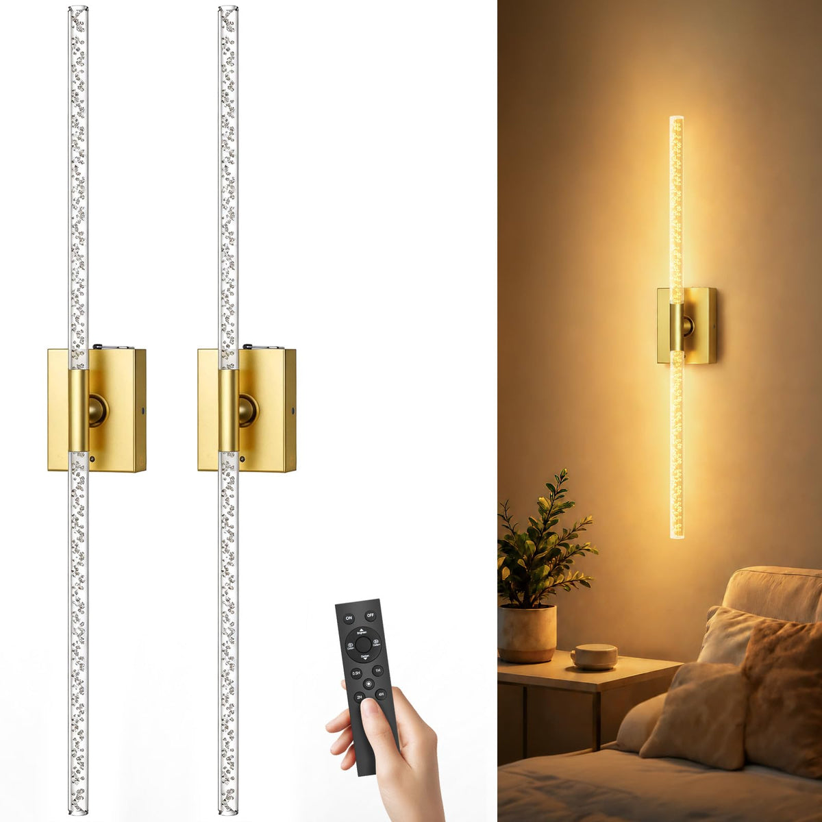 Battery Operated Wall Sconces Set of 2, 10000mAh, Black | Detachable rechargeable battery, 31.5" wireless lighting for TV wall mirror bedroom or living room decor