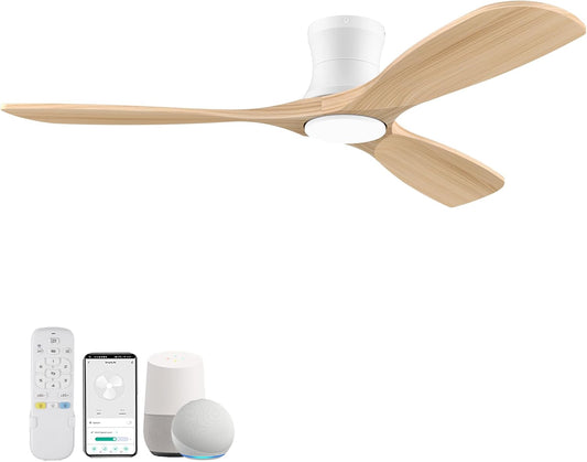 Livory 52” Wood Smart Flush Mount Ceiling Fans with Lights and Remote,Quiet DC Motor,Outdoor Indoor Ultra Low Profile Ceiling Fan works with Alexa WIFI APP,Modern White Ceiling Fan for Bedroom Patio