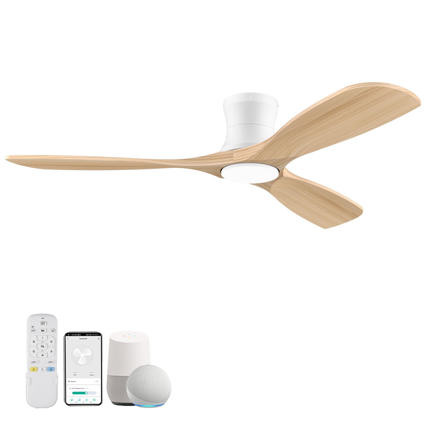 Livory 52” Wood Smart Flush Mount Ceiling Fans with Lights and Remote,Quiet DC Motor,Outdoor Indoor Ultra Low Profile Ceiling Fan works with Alexa WIFI APP,Modern White Ceiling Fan for Bedroom Patio