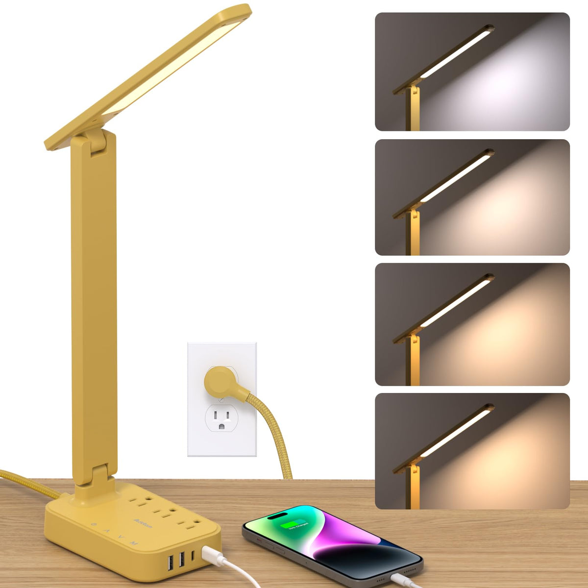 Addtam LED Desk Lamp, Power Strip with 3 Outlets 4 USB Charging Ports(2 USBC), 4 Modes 5 Level Brightness Touch Lamp, Small Desk Lamp for Home Office College Dorm Room Essentials