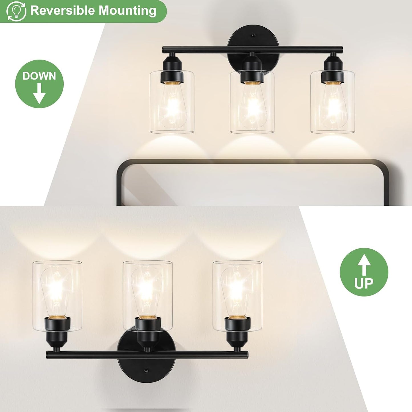 3-Light Black Modern Bathroom Vanity Light Fixtures, 17.3" | Glass Shade, For Bathroom Mirror, Kitchen, Living Room, Bath, Metal
