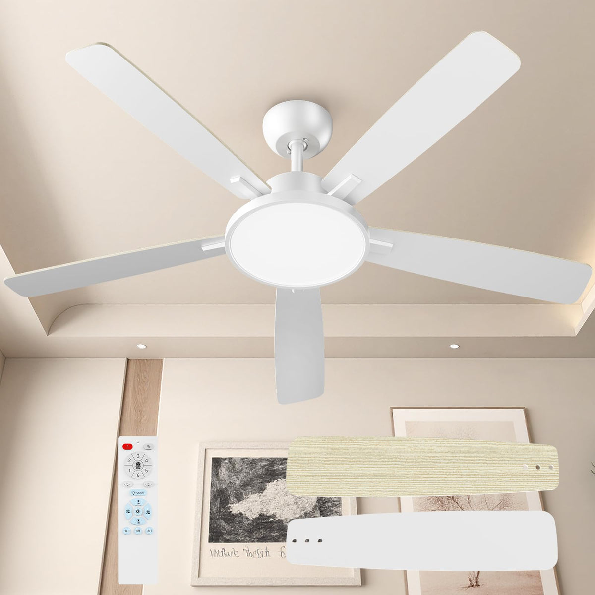 TALOYA 52 Inch Black Ceiling Fans with Lights Led Remote Control Flush Mount Low Profile for Bedroom Living Dining Room Outdoor Farmhouse Patio,Reversible,DC Motor,Diammable,Buzzer ON/Off,5 Blades