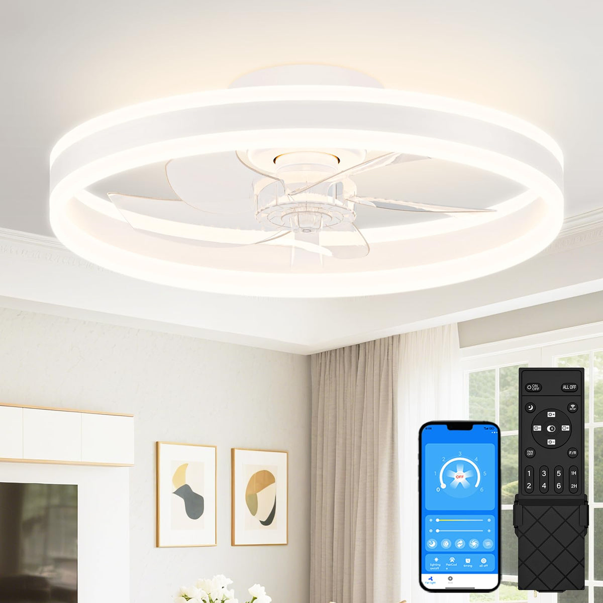 VOLISUN Low Profile Ceiling Fans with Lights and Remote, 27.6in Flush Mount Ceiling Fans with Light, 3000K-6500K Dimmable Fandelier LED Fan Light, Black Bladeless Ceiling Fans with Lights for Bedroom