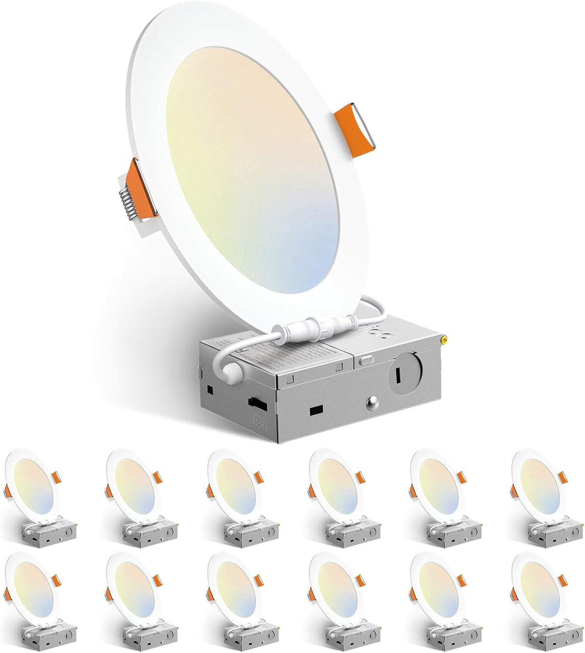 Amico 12 Pack 6 Inch LED Recessed Lighting, Canless Wafer Downlight, White | 5CCT 2700K-5000K, 5%-100% Dimmable, Ultra-thin, Metal housing, 1050LM 12W 120V, IC & Damp Rated, ETL & FCC, 50000h Life Span