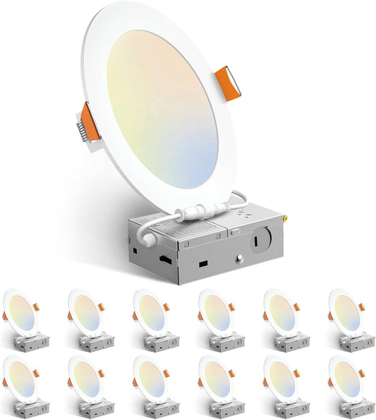 Amico 12 Pack 6 Inch LED Recessed Lighting, Canless Wafer Downlight, White | 5CCT 2700K-5000K, 5%-100% Dimmable, Ultra-thin, Metal housing, 1050LM 12W 120V, IC & Damp Rated, ETL & FCC, 50000h Life Span