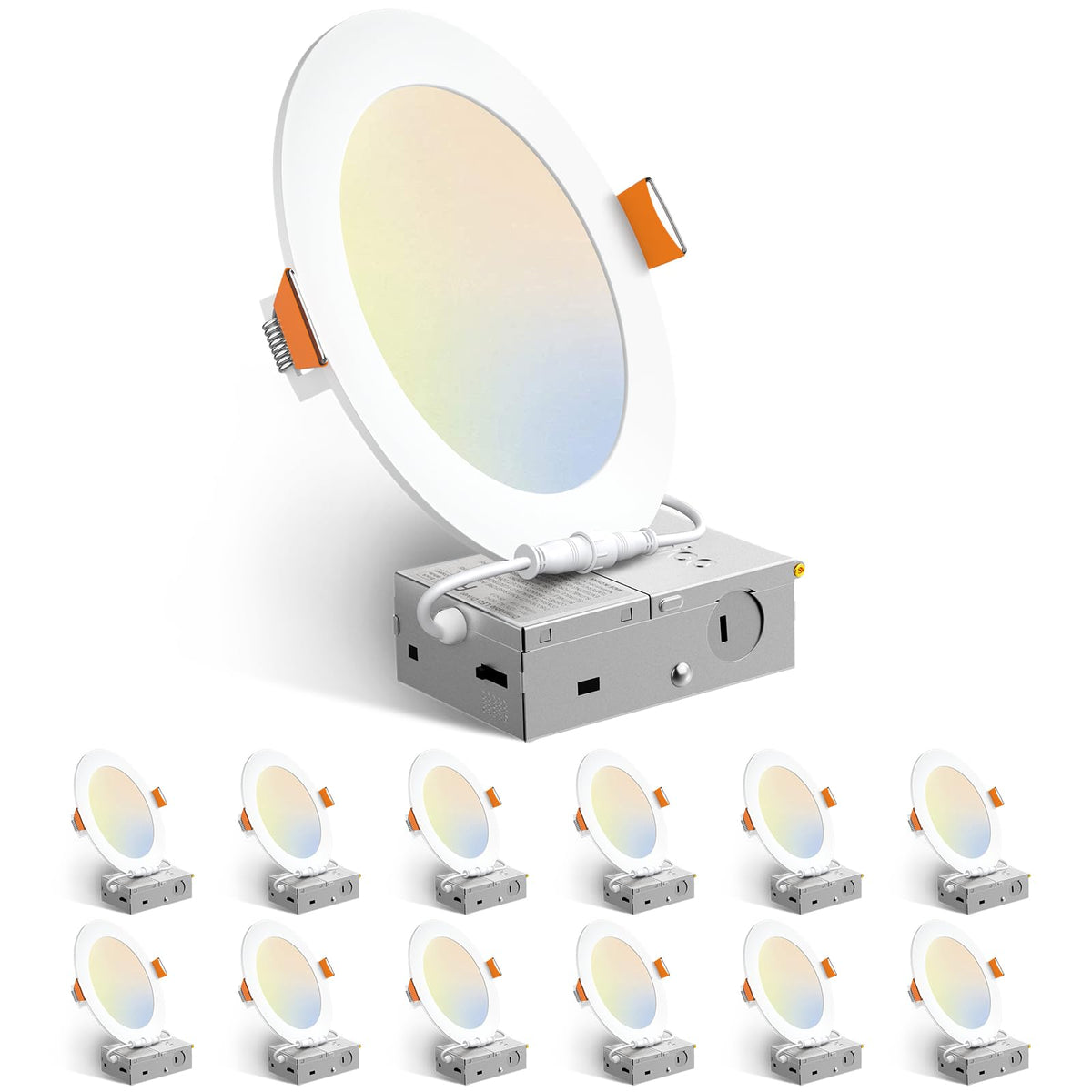 Amico 12 Pack 6 Inch LED Recessed Lighting, Canless Wafer Downlight, White | 5CCT 2700K-5000K, 5%-100% Dimmable, Ultra-thin, Metal housing, 1050LM 12W 120V, IC & Damp Rated, ETL & FCC, 50000h Life Span