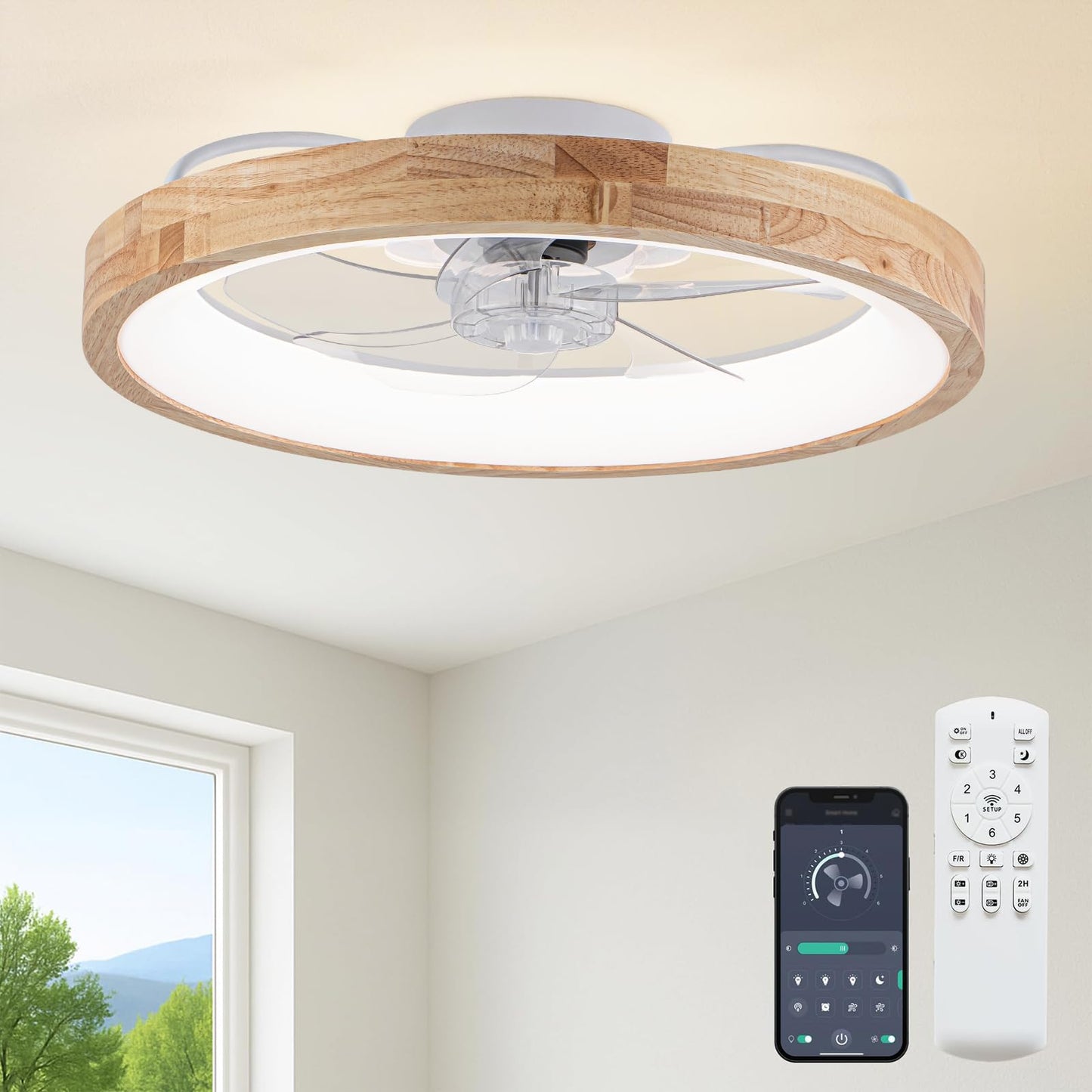 FSZDORJ 20'' Ceiling Fan with Light and Remote, Low Profile Ceiling Fan with Light, Dimmable Flush Mount Ceiling Fan Light, 6 Speeds Fan, App&Remote Control, Fandelier Quiet Fan for Bedroom F115 Black