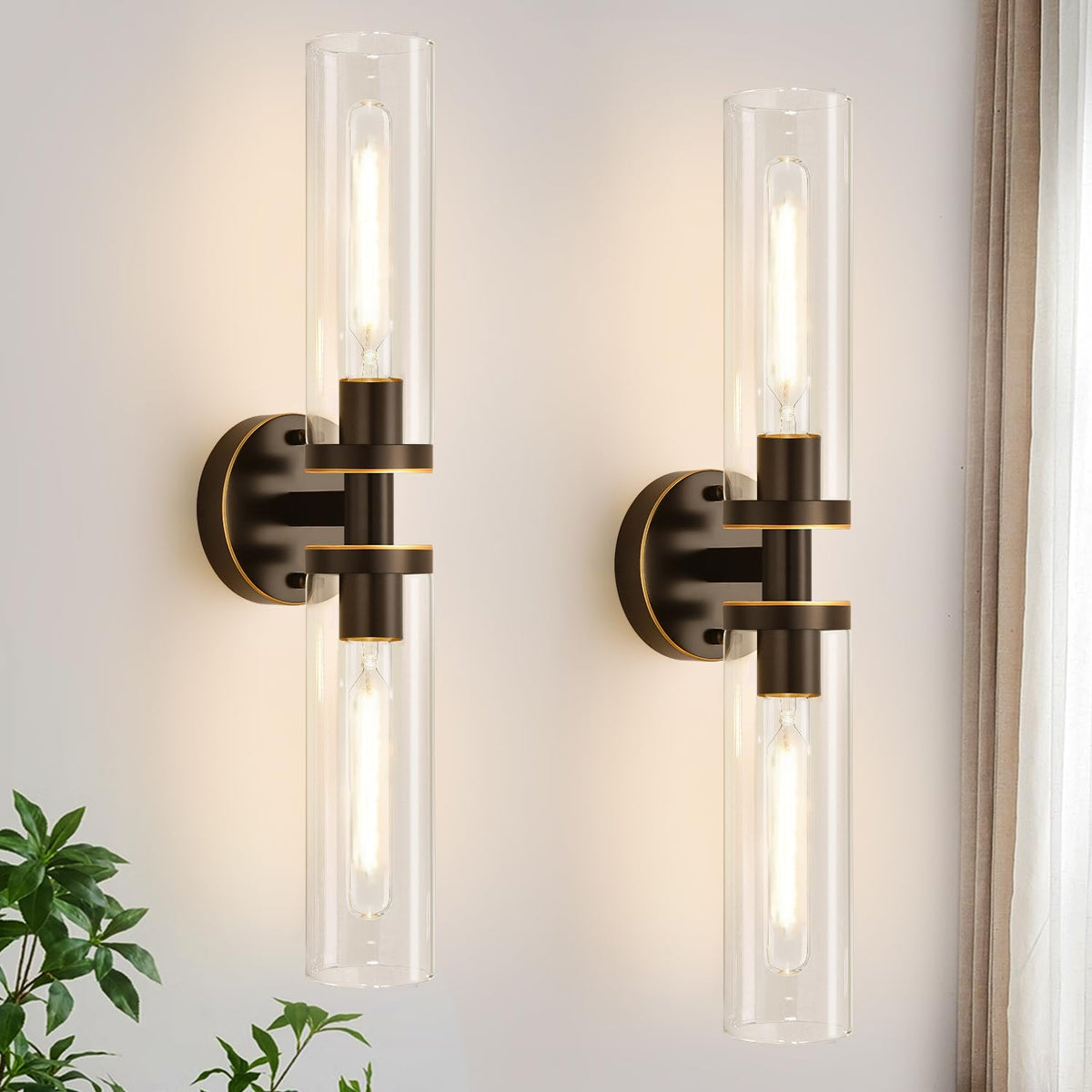 Indoi Hardwired Wall Sconces Set of Two, 22" Black and Gold Bathroom Sconces with Clear Glass, Modern Sconces Wall Decor Set of 2 Wall Light fixtures for Bathroom Mirror Living Room Hallway Bedroom