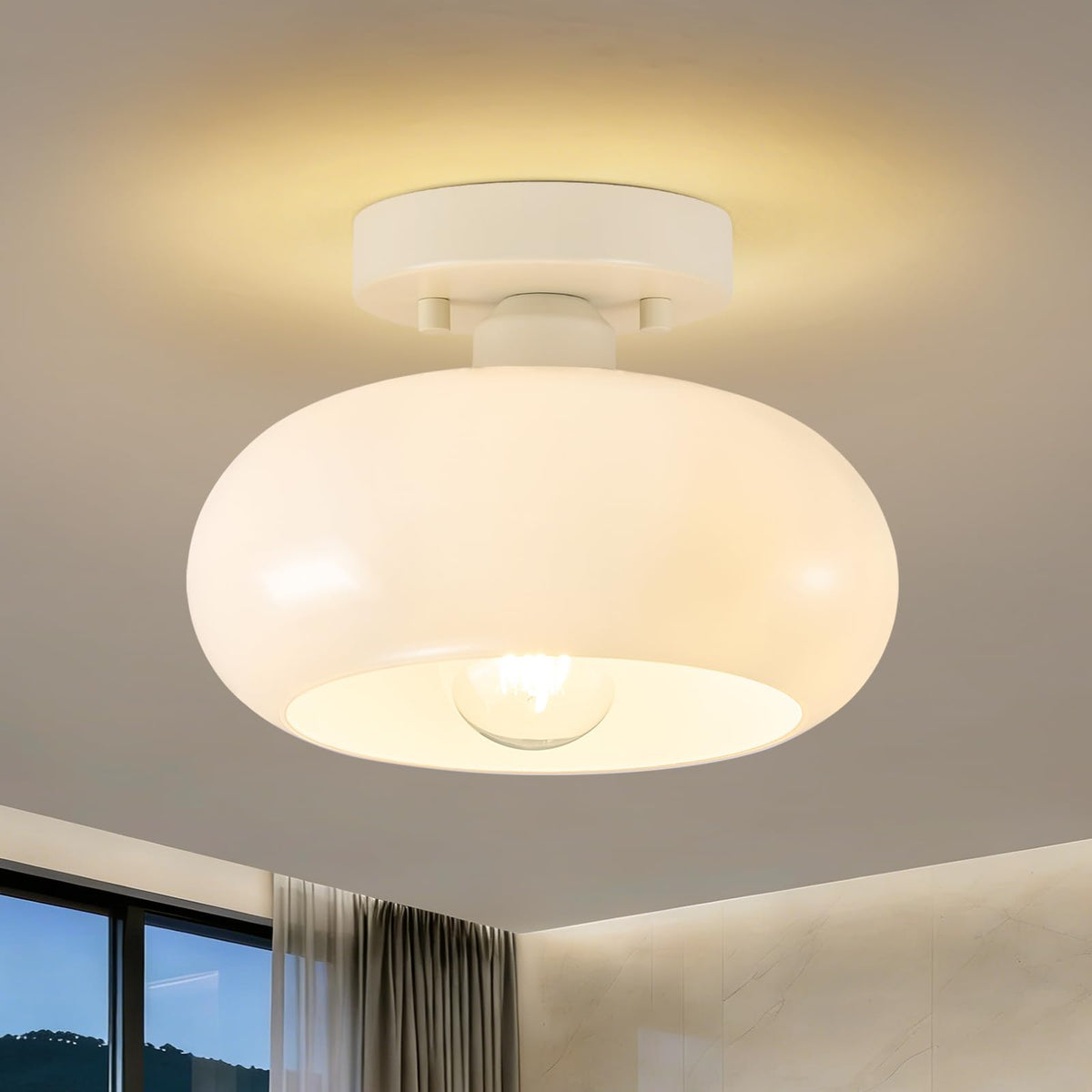 WOKNOS Mid-Century Modern Gold Semi Flush Ceiling Light 11.0 Inch | Small White Glass Shade Close to Ceiling Lighting Fixture For Kitchen Entryway Hallway Bathroom Closet Bedroom Laundry Room