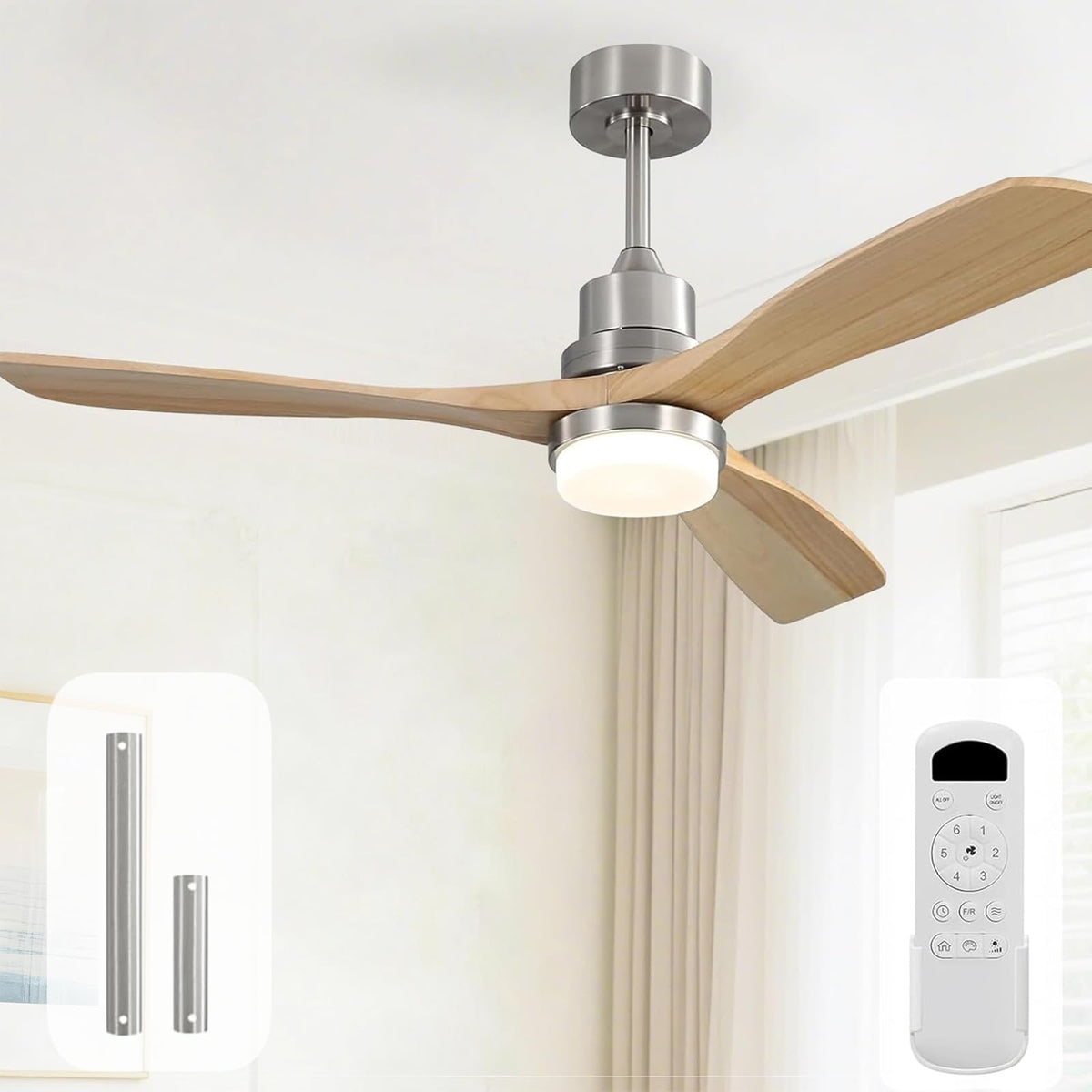 Sofucor 52 Inch Wood Ceiling Fans with Lights and Remote, Indoor/Outdoor | Modern, 3 Blade, Quiet Reversible DC Motor, 3CCT Dimmable, 6 Speeds, Timer, Bedroom/Living Room/Patio/Kitchen, Natural Wood