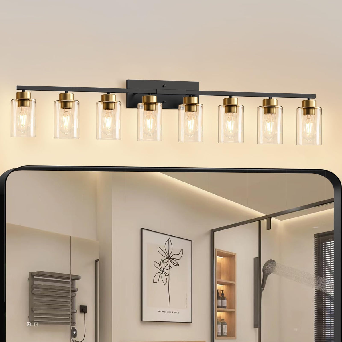 IZORRO Modern Bathroom Light Fixtures, 4 Light Black Vanity Lights, Bathroom Lighting Fixtures Over Mirror with Clear Glass for Living Room Cabinet Bedroom
