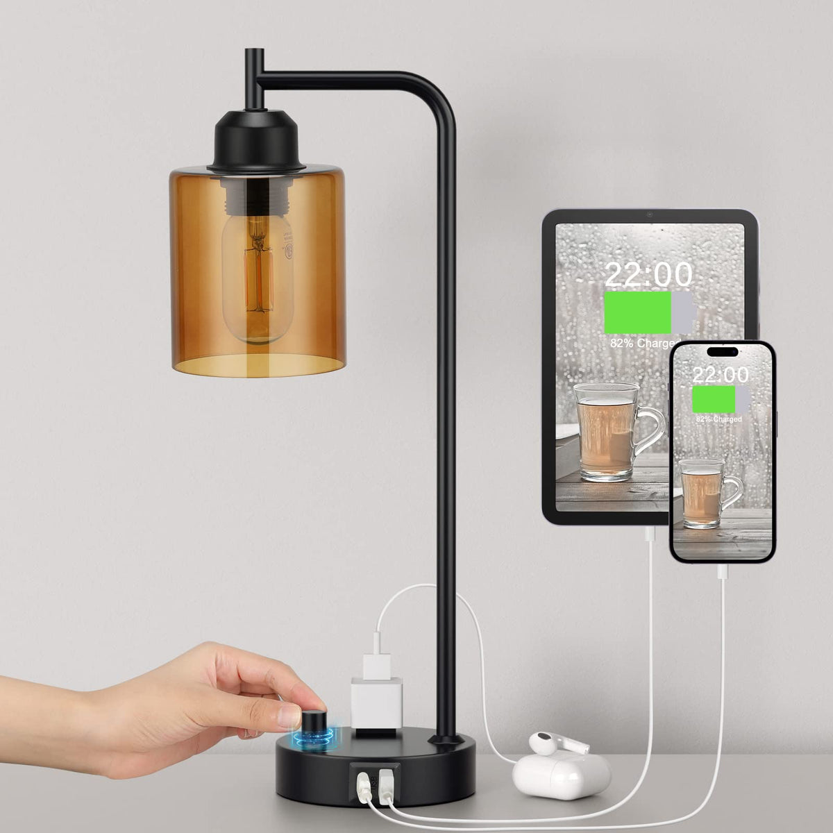 Innqoo Gold Table Lamp for Bedroom - Industrial Bedside Lamp with USB Port and Outlet, Fully Dimmable Nightstand Lamp with Clear Glass Shade, Small Desk Lamps for Home Office