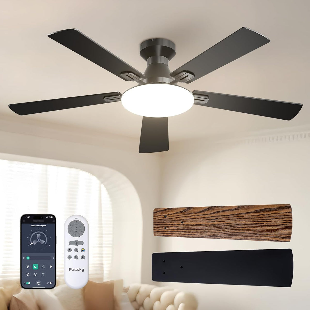 Passky 52 Inch Black Low Profile Ceiling Fans with Lights and Remote | Flush mount, 3-color dimmable light, quiet reversible DC motor, easy install, memory, APP, bedroom, covered outdoor areas